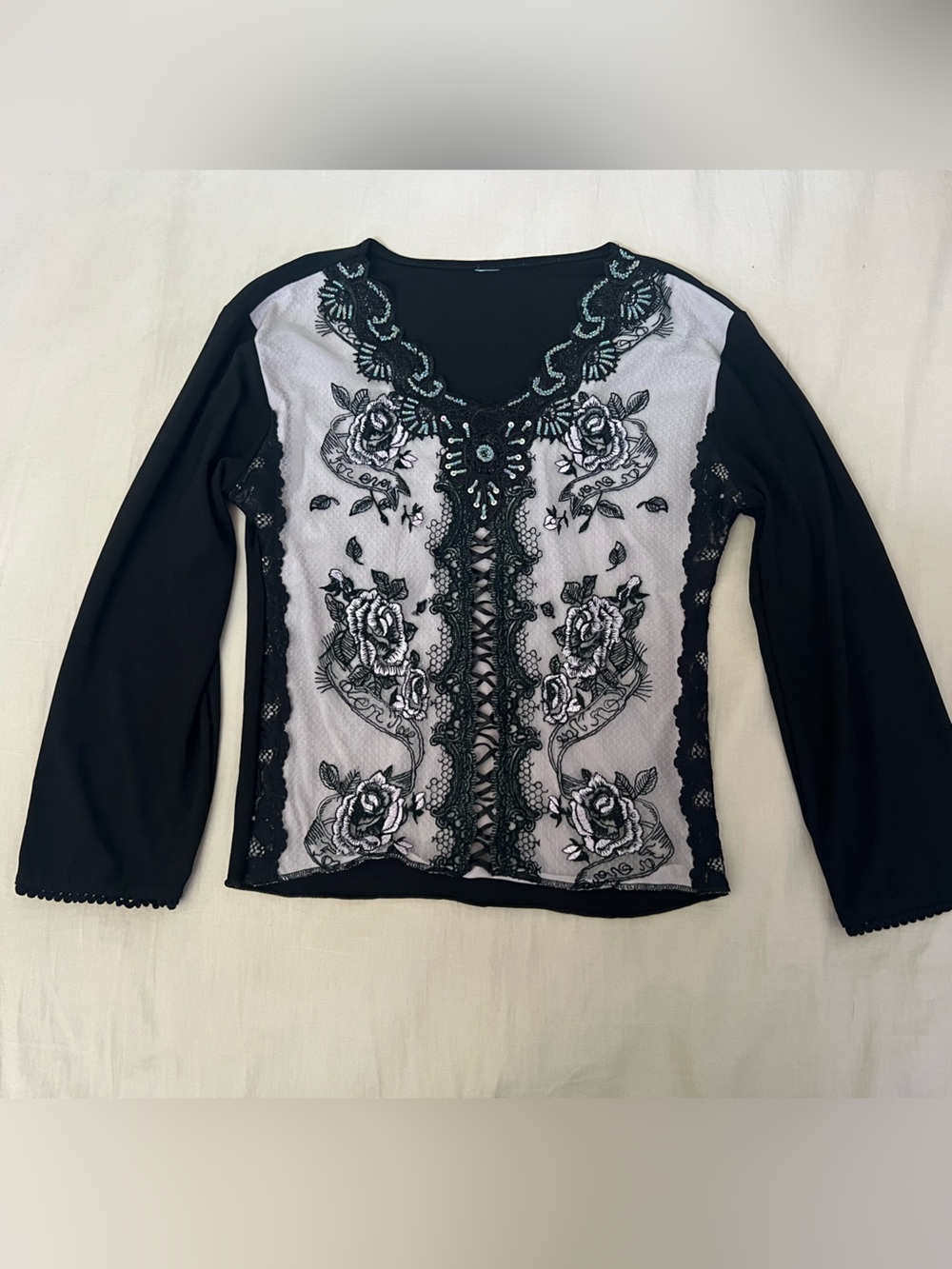 Black and Pink Beaded Floral Fairy Grunge Lace Panel Long Sleeve Top